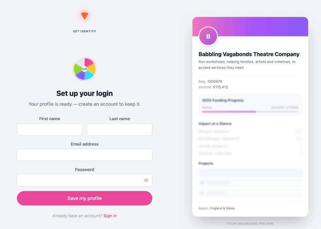 Set up your login — Raiser onboarding with your charity profile preview