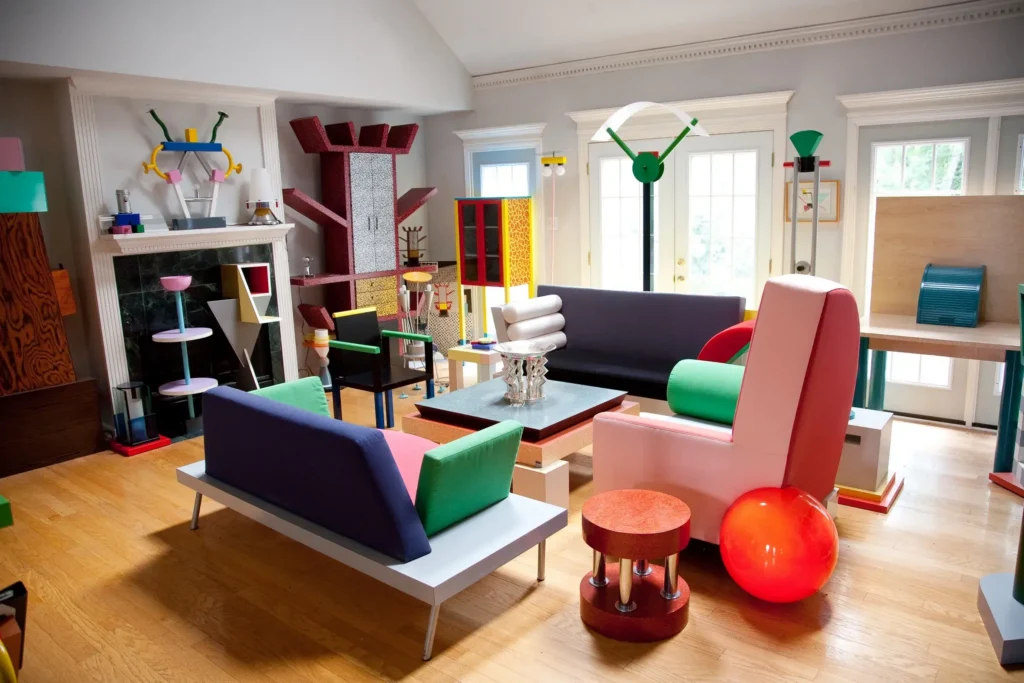 Colourful living room form the Memphis design movement.