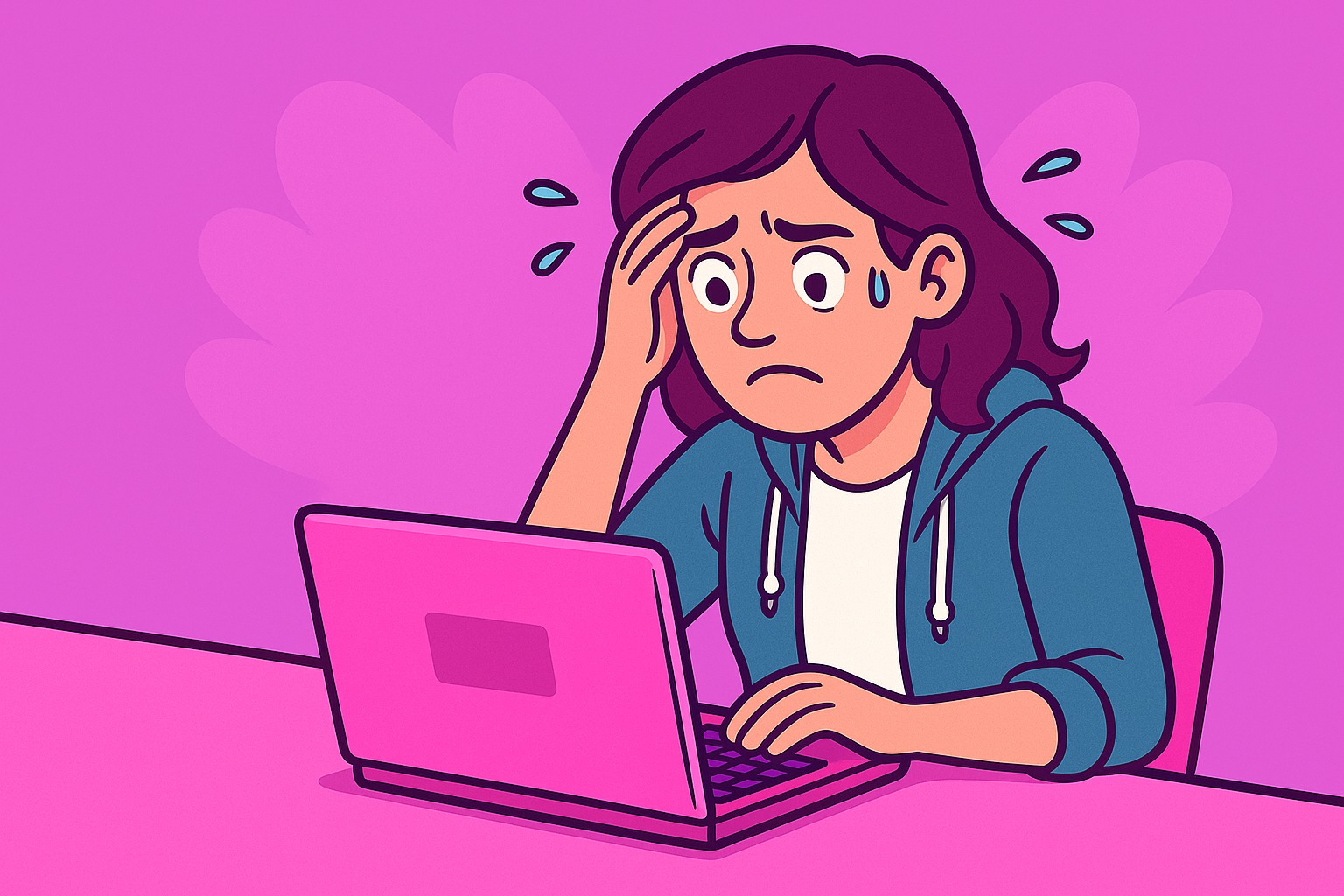 Cartoon depiction of a woman sitting at a laptop, stressed out.