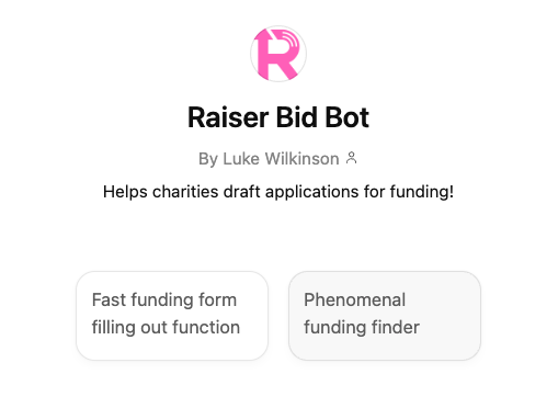 Screen grab of the start screen of a custom GPT called the Raiser BidBot.