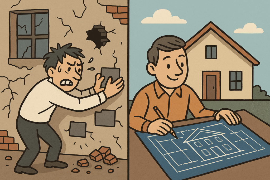 Split image, one side shows somebody frantically patching holes in a building, the other side shows someone with a blueprint for a new build. The image is designed to illustrate that innovation is preferable to improvement of something fundamentally flawed